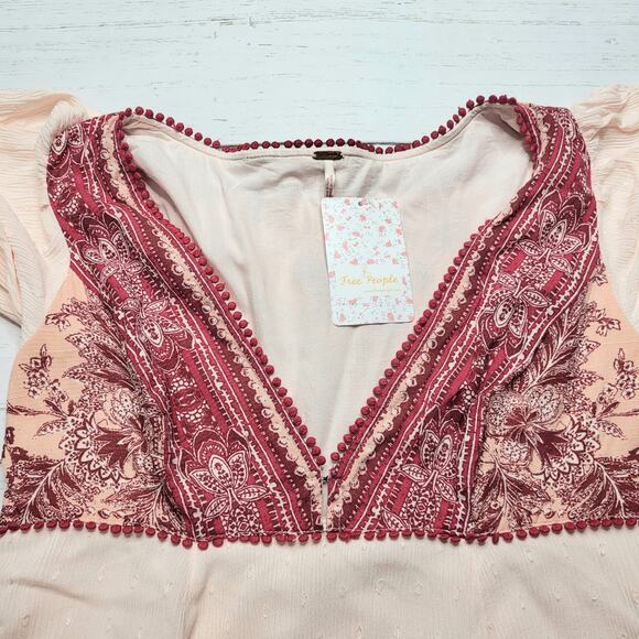 Free People My Love Mini Dress Long Sleeve Pink Red Boho Floral V Neck XS - Picture 5 of 10